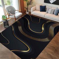 a living room area with black and gold rugs on the floor next to a couch