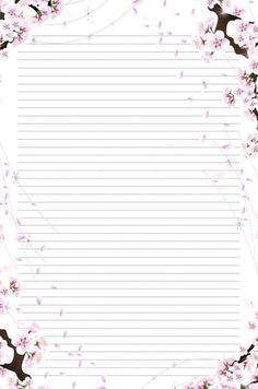 a paper with pink flowers on it and lined lines in the middle, as if for writing