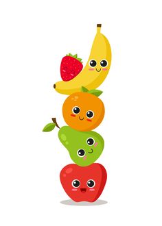 a stack of fruits with faces on them