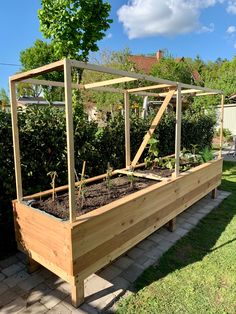 a wooden garden bed with plants growing in it