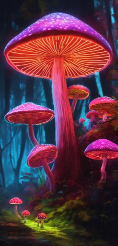 a group of mushrooms that are in the grass and some trees with lights on them