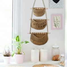 three baskets hanging on the wall in front of a potted plant and other items