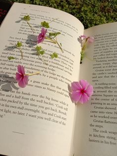 an open book with pink flowers on the pages and grass in the backround