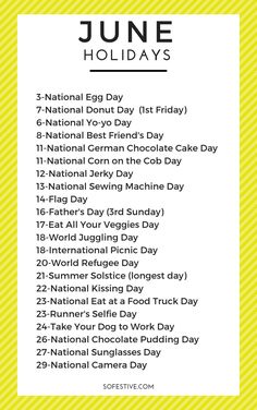 the national egg day schedule for june is shown in yellow and white, with text overlay