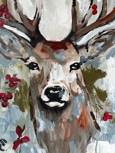 a painting of a deer with red berries on it's antlers and nose