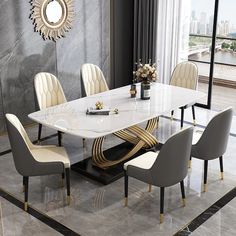 a dining room table with chairs around it