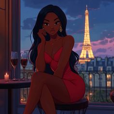 a woman in a red dress sitting on a stool next to a window with the eiffel tower in the background