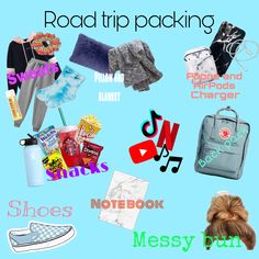 the road trip packing list includes shoes, backpacks, and other things to pack