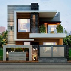 this is a modern house with two levels and lots of windows on the second floor