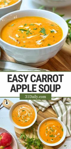 two bowls filled with carrot and apple soup