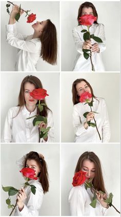 a woman holding a red rose up to her face and making different faces with it