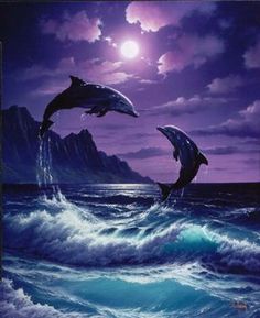 two dolphins jumping out of the water at night