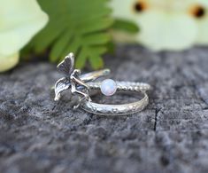 "Fairy Ring & Opal set of three details: -Solid .925 sterling silver -Fairy measures 20mm x 10mm on a smooth 1.4mm ring band. -4mm fire opal on 1.2mm bead band -Boho floral pattern band/3mm width -Available in US sizes 1-12 with half sizes. -Darkened Oxidized option in the drop down menu. *Single Fairy Ring here: https://www.etsy.com/listing/793926550/fairy-ring-forest-fairy-ring-silver?ref=shop_home_active_2&frs=1: Looking for a last minute or unique Christmas gift? Visit our \"READY TO Silver Whimsical Jewelry For Promise Ring, Whimsical Silver Promise Ring Jewelry, Delicate Silver Opal Ring In Sterling Silver, Whimsical Silver Wedding Rings, Forest Ring, Rings Opal, Silver Fairy, Fairy Ring, Opal Band