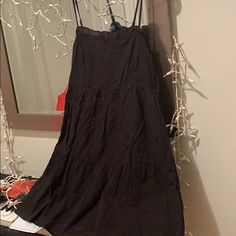 Nwt Wild Fabble Sun Dress Size Small Black Midi Sundress For Brunch, Casual Black Knee-length Sundress, Black Midi Sundress For Day Out, Casual Black Sundress For Brunch, Black Cotton Midi Sundress, Ruffle Tiered Dress, Pink Ruffle Dress, Black Spaghetti Strap Dress, Bodycon Tank Dress