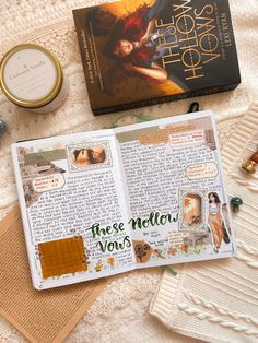 An aesthetic flat lay photograph of a journal and book. The background is a white and beige textured fabric with stacked books, candles, and Washi tapes. The main body and focus of the image is an open bullet journal decorated with ephemera, stickers, Washi tape, and neat handwriting. Katie Is Reading Journal, These Hollow Vows, Planner Content, Reading Journals, Bujo Inspiration, Bullet Journal Layout, Bullet Journal Inspo, Journal Layout