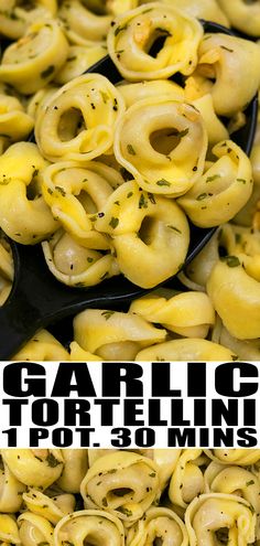 there are several different types of tortellini shells on the table with text overlay that says garlic for telling about pot - 30 mms