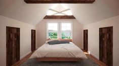 a bed sitting in the middle of a bedroom next to two wooden doors and windows