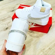 Literally One Of My Top Sellers Right Now All The Girl Love These Shoes And The Sparkle Is Crazy Nike White Court Royale Mid New In Box Custom With Swarovski Crystal All Sizes Available Quince Shoes, Nike Cortez Leather, Nike Gym Shoes, Swarovski Nike, Nike Court Royale, Nike Shoes Women Fashion, Nike Fashion Shoes, Nike High Tops, Jordan Shoes Girls