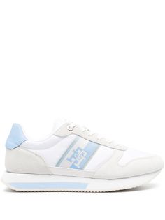 white/light blue calf suede panelled design logo patch to the side logo patch at the tongue round toe front lace-up fastening flat rubber sole Tommy Hilfiger Sneakers, Flats Shoes, Suede Sneakers, Lace Tops, Design Logo, Sneakers White, Sneakers Black, White Light, Patch Logo