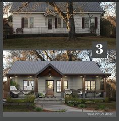 the before and after pictures of a small house with porches, covered in metal roofing