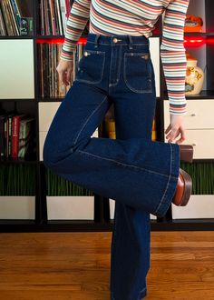 Intimidating Outfits, Wardrobe Aesthetic, Womens Flare Jeans, Style Bundle, Black Salt, Bronze Hardware, Dark Blue Denim, 70s Inspired, Inspired Outfits