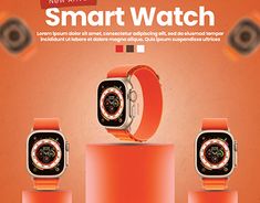 an advertisement for the new apple watch with three watches on it's display stand