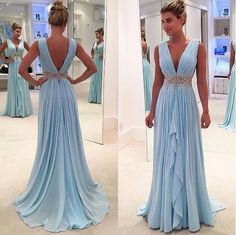 Chiffon V-neck Evening Dress For Prom, V-neck Chiffon Evening Dress For Prom, Chiffon V-neck Evening Dress For Prom Season, Blue Chiffon Evening Dress For Prom, Modest Prom Gowns, Blue Prom Gown, Sky Blue Prom Dress, Prom Dresses Long Blue, Beaded Party Dress