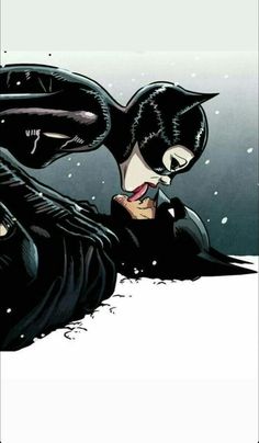 batman and catwoman laying down in the snow