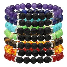 PRICES MAY VARY. 💎Package Content💎: 7* lava stone bracelets and a gift box. 💎Material💎: Lava Stone, Amethyst, Synthetic Sodalite, Crystal Quartz, Green Ore, Yellow Ore, Synthetic Redstone, Red Agate, Celestite, Synthetic Turquoise, Green Kingstone, Tiger's Eye Stone, Amber, Metal, Alloy 💎Features💎: 7*8mm 5 lava stones and various stones, weight 17g 💎Design💎: Each color bracelet you can customize with the same color. You can drop your favorite oil on the lava rock so you can smell the ess Lava Rock Bracelet, Chakra Beads, Lava Stone Bracelet, Cuff Bracelets Handmade, Locket Bracelet, Essential Oil Diffuser Bracelet, Stone Bracelets, Wire Bangles, Energy Bracelets