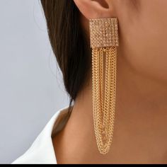 Long Chain Tassel Dangle Drop Earrings New Style High-Quality Fashion Crystals Jewelry Accessories For Women -Earring Type: Drop Earrings -Metals Type: Zinc Alloy -Style: Trendy -Shape\Pattern: Irregular -Selling Points: Crystal Earrings -Type: Long Metal Chain Tassel Earrings Metal Tassel Earrings For Party, Elegant Metal Dangle Tassel Earrings, Trendy Earrings With Adjustable Chain For Party, Trendy Party Earrings With Adjustable Chain, Elegant Pink Tassel Earrings For Pierced Ears, Pink Elegant Tassel Earrings, Adjustable Chain Dangle Earrings For Evening, Trendy Party Earrings With Chain Detail, Evening Dangle Earrings With Adjustable Chain