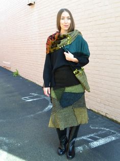 Patchwork Skirt by Butapana Brown Patchwork Skirt For Fall, Fall Patchwork Brown Skirt, Patchwork Skirt Pattern, Colors Of Green, Patchwork Skirt, Knit Skirt, Skirt Pattern, Mid Length, Drawstring Waist