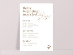 a white card with gold foil on it that says, holly is getting married today