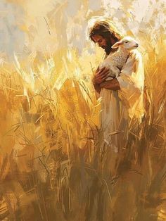 a painting of jesus holding a lamb in a wheat field