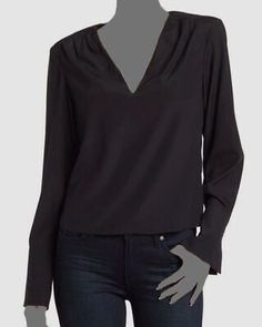 Trendy Fashion $378 Frame Women's Black Silk V-Neck Pleated Long Sleeve Blouse Top Size S, Women's Cothing Black Split Neck Top For Spring, Fall Split Neck Tops For Workwear, Formal V-neck Blouse For Fall, Black V-neck Top For Workwear In Fall, V-neck Office Tops For Fall, V-neck Tops For Office Wear In Fall, Formal Fall V-neck Top, Stretch V-neck Top For Work, Fall Formal V-neck Top