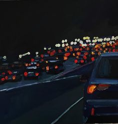 a painting of cars driving down the road at night with many lights on them in the dark