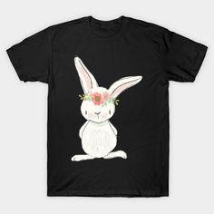 a black t - shirt with an image of a white rabbit wearing a flower crown