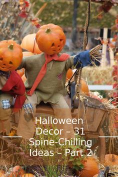 two scarecrows sitting on top of a car with pumpkins in the background