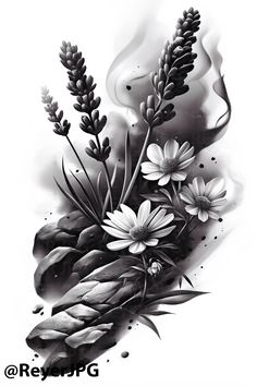 a black and white drawing of some flowers