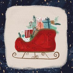 a drawing of a sleigh with presents on it and gifts in the back