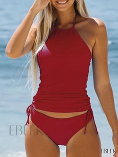 Ebeek - Halter Tie Neck 2-Piece Tankini Set: Versatile, Comfortable, and Stylish Swimwear Ensemble for Women Tankini Set, Pair Of Pants, Tie Neck, Lining Fabric, Wine Red, Halter Neck, Tankini, Neck Tie, Collar Styles