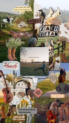 a collage of various images including horses, people and other things in the background