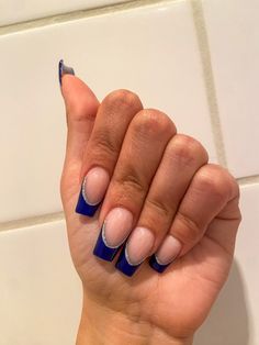 Dark Royal Blue French Tip Nails, Royal Blue Nails Designs Short Gel, White And Navy Nails Acrylic, Navy Blue And White Nails Short, Navy Nails For Prom, Navy Blue Nails Coffin Short, Royal Blue Nails Wedding, Midnight Blue Hoco Nails, Blue Nails Acrylic Prom