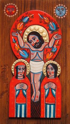 an icon depicting the crucifix with three women and one man on it