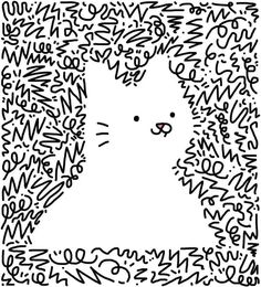 a black and white drawing of a cat surrounded by letters