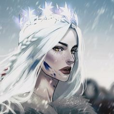 a woman with white hair and blue eyes wearing a tiara on her head in the snow