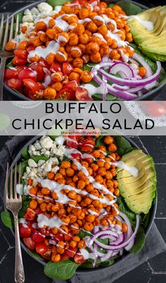 two plates filled with different types of food and the words buffalo chickpea salad