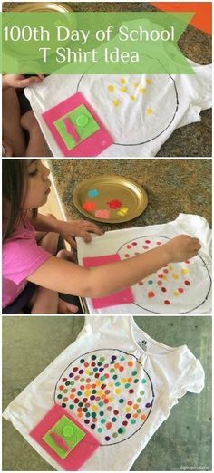 a girl making a t - shirt with polka dots on it and the words 100th day of school t - shirt idea