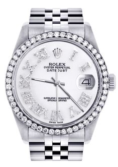 Diamond Mens Rolex Datejust Watch 16200 | 36Mm | White Roman Numeral Dial | Jubilee Band Custom Rolex, Shifting Script, Rolex Datejust 36mm, Men's Rolex, Mens Rolex, Xo Jewelry, Used Rolex, Rolex Diamond, Gold Earrings For Men