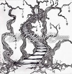 a drawing of a tree with stairs going up to the top, and trees growing out of it