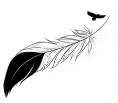 a black and white drawing of a feather with a bird on it's tail